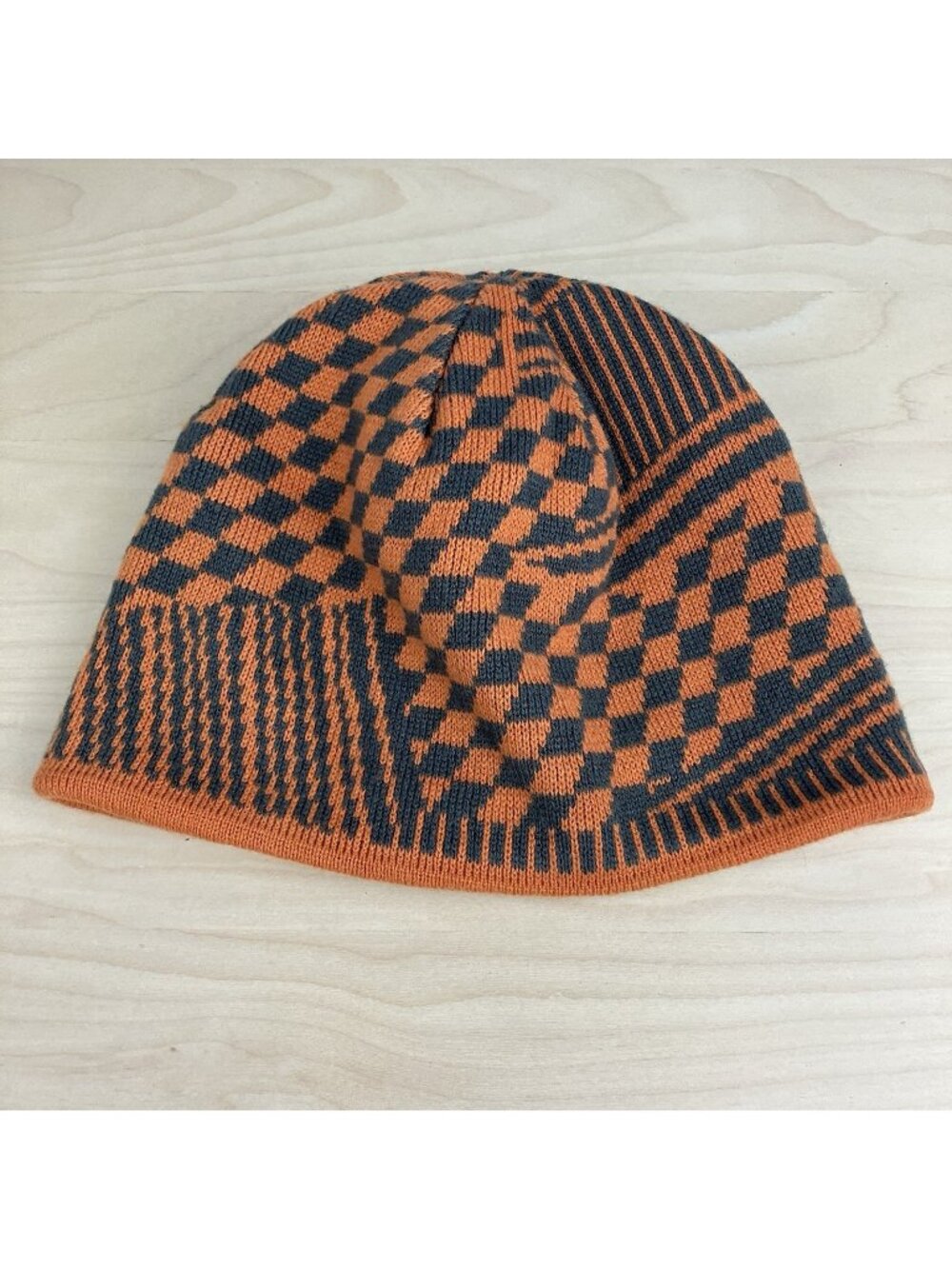 L.L. Bean Boys Youth Size M Winter Beanie Hat Orange Gray Checkered Striped